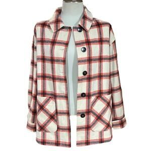 Ott Flannel Shirt Jacket Oatmeal Red Black Plaid Medium / Large